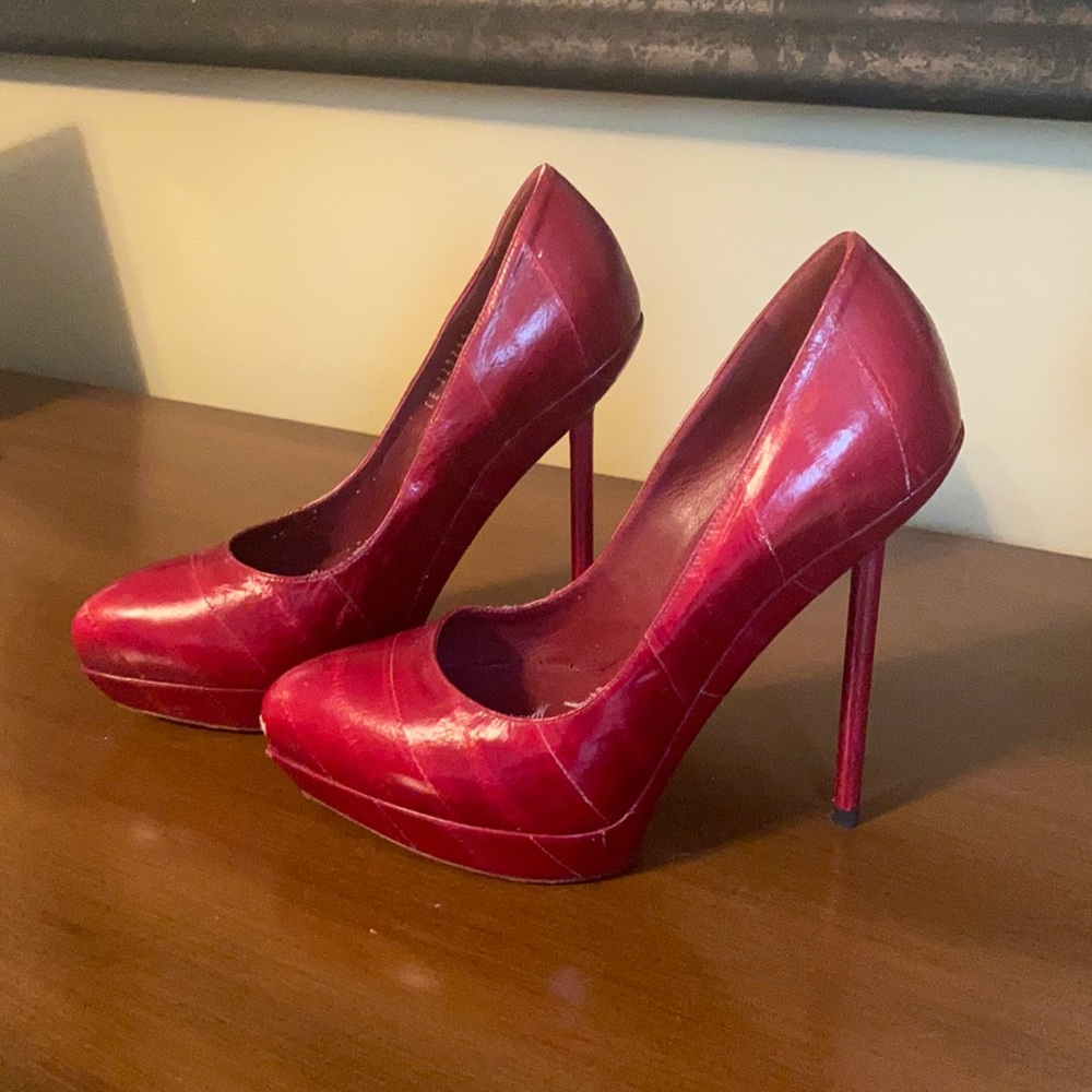 YSL 36.5 red eel skin stilettos with platform